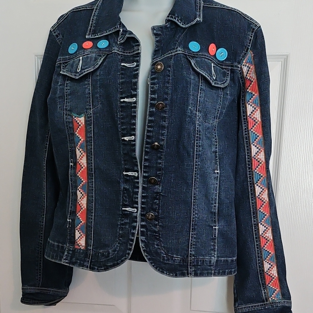 Blue Upcycled Denim Jacket- Coral, Blue, Painting Like Pannel & Button Accents.